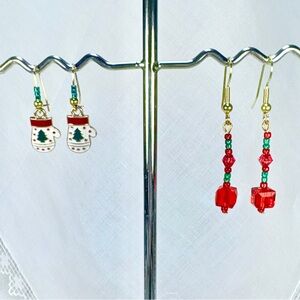 Handcrafted Christmas Holiday Earrings Red & Green Crystals + Gold Mitten Charms